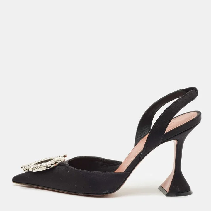 Amina Muaddi Black Satin Begum Crystal-Embellished Slingback Pumps Size 38