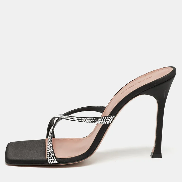 Amina Muaddi Black Satin Crystal Embellished Crisscross Adriana Slide Sandals Size 40