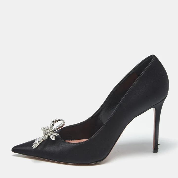 Amina Muaddi Black Satin Crystal Embellished Rosie Pumps Size 37
