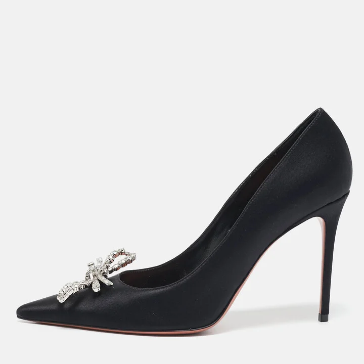 Amina Muaddi Black Satin Crystal Embellished Rosie Pumps Size 39.5