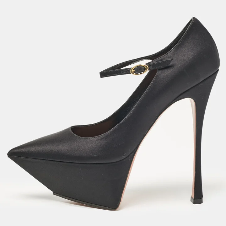 Amina Muaddi Black Satin Yigit Platform Pumps Size 39.5