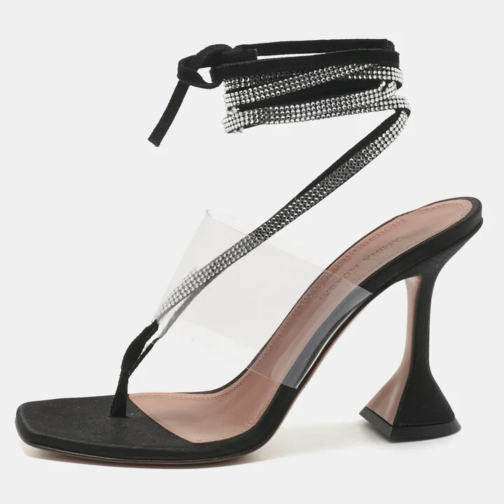 Amina Muaddi Black Satin Zula Crystals Ankle Wrap Sandals Size 38.5