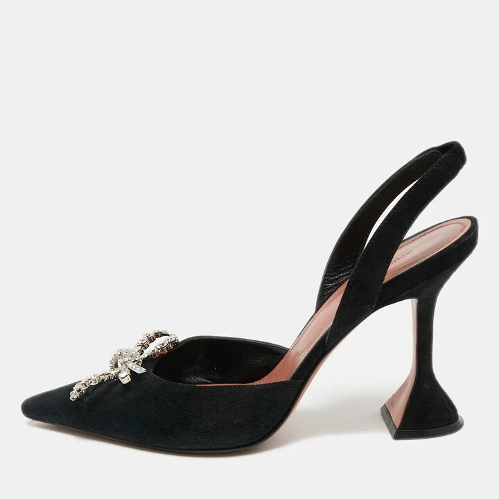 Amina Muaddi Black Suede Begum Crystal-Embellished Slingback Pumps Size 39
