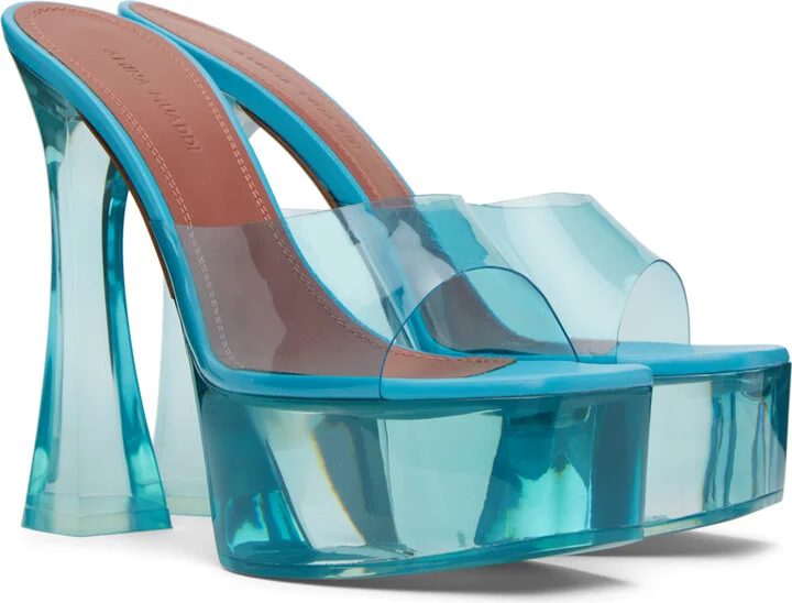 Amina Muaddi Blue Dalida Glass Plateau Heeled Sandals - Image 4
