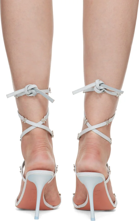 Amina Muaddi Blue Debora Lace-Up Denim Heeled Sandals - Image 2