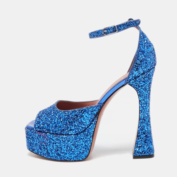 Amina Muaddi Blue Glitter Ankle Strap Sandals Size 38