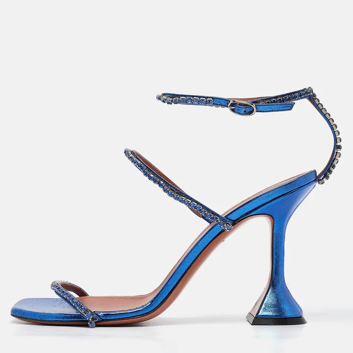 Amina Muaddi Blue Leather Gilda Ankle Strap Sandals Size 39