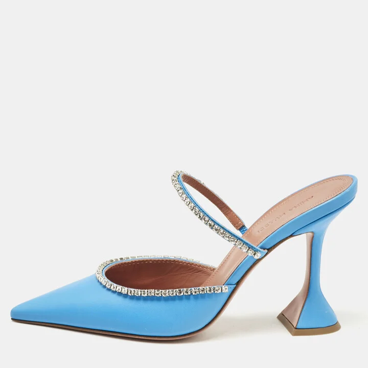 Amina Muaddi Blue Leather Gilda Pointed Toe Mules Size 38