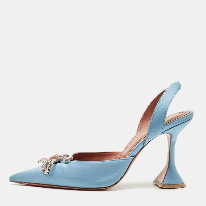 Amina Muaddi Blue Satin Begum Crystal-Embellished Slingback Pumps Size 39