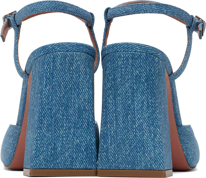Amina Muaddi Blue Suede Printed Denim Heels - Image 2