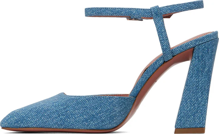 Amina Muaddi Blue Suede Printed Denim Heels - Image 3