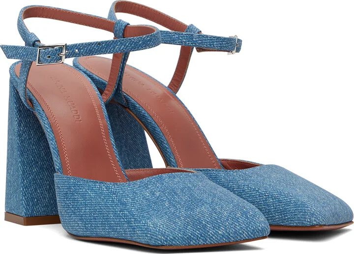 Amina Muaddi Blue Suede Printed Denim Heels - Image 4