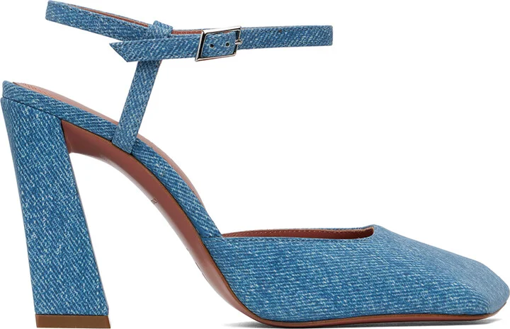 Amina Muaddi Blue Suede Printed Denim Heels