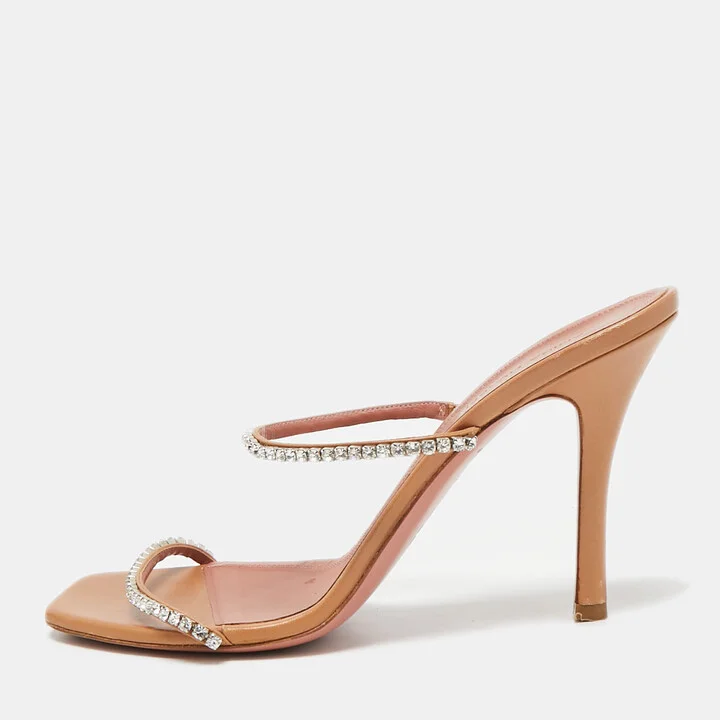 Amina Muaddi Brown Leather Glida Slide Sandals Size 40