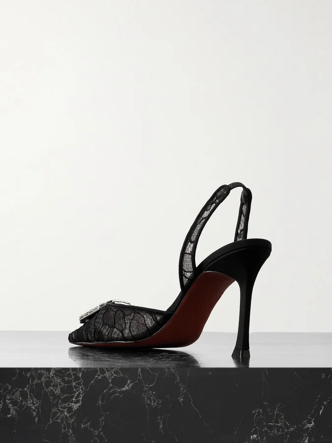 Amina Muaddi - Camelia Crystal-embellished Lace Slingback Pumps - Black - Image 3
