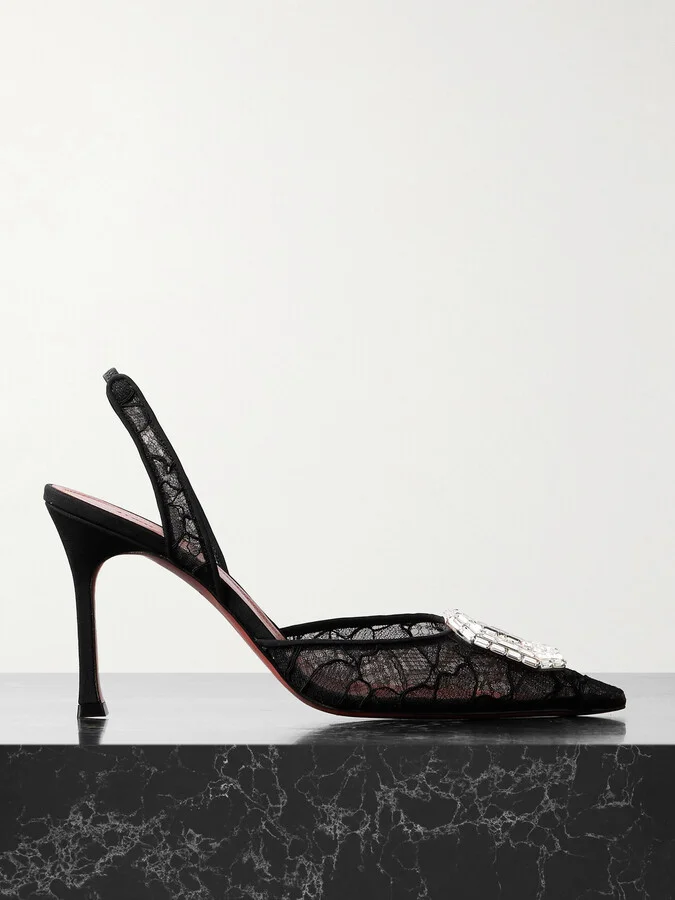 Amina Muaddi - Camelia Crystal-embellished Lace Slingback Pumps - Black