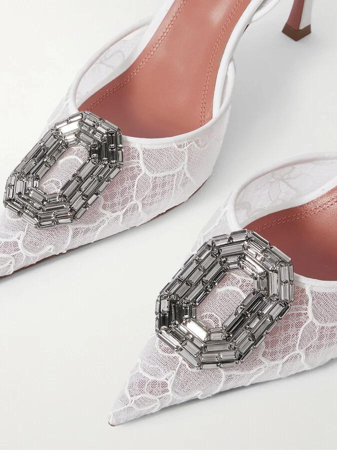 Amina Muaddi - Camelia Crystal-embellished Lace Slingback Pumps - White - Image 4