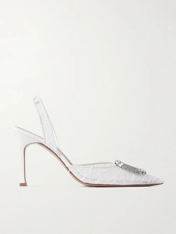 Amina Muaddi - Camelia Crystal-embellished Lace Slingback Pumps - White