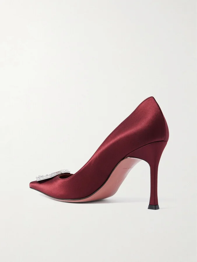 Amina Muaddi - Camelia Crystal-embellished Satin Point-toe Pumps - Burgundy - Image 3