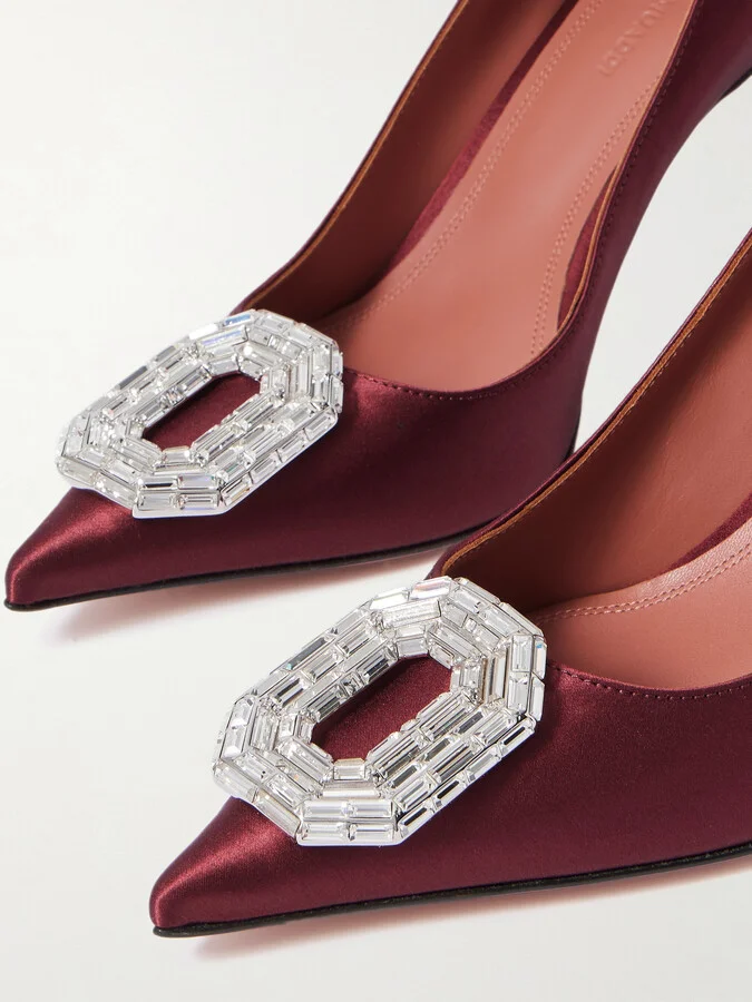 Amina Muaddi - Camelia Crystal-embellished Satin Point-toe Pumps - Burgundy - Image 4