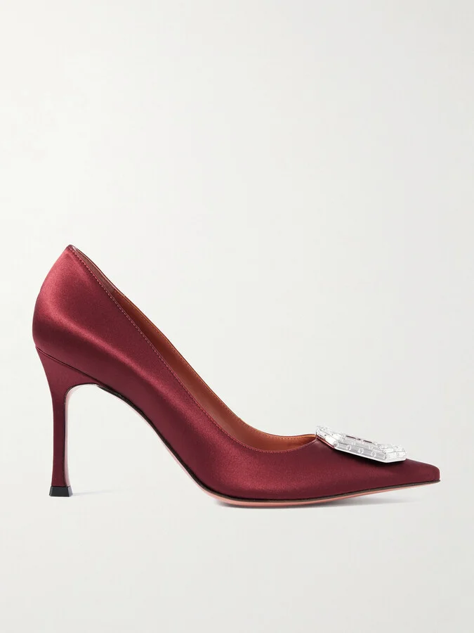 Amina Muaddi - Camelia Crystal-embellished Satin Point-toe Pumps - Burgundy