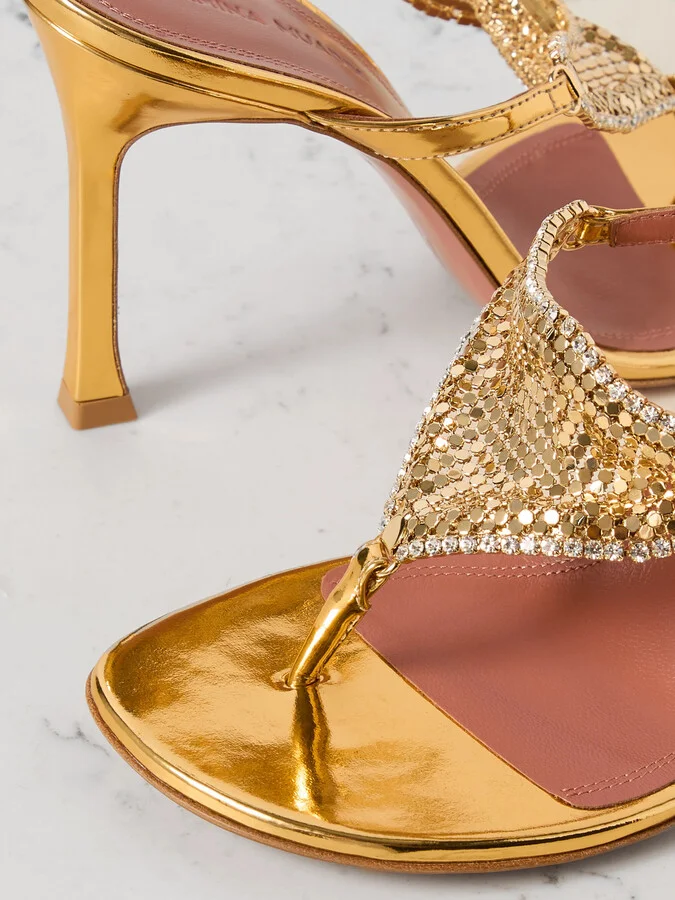 Amina Muaddi - Cameron Crystal-embellished Chainmail And Metallic Leather Mules - Gold - Image 4