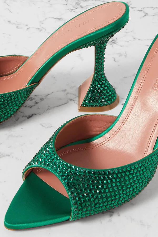 Amina Muaddi - Caroline Crystal-embellished Satin Mules - Green - Image 4