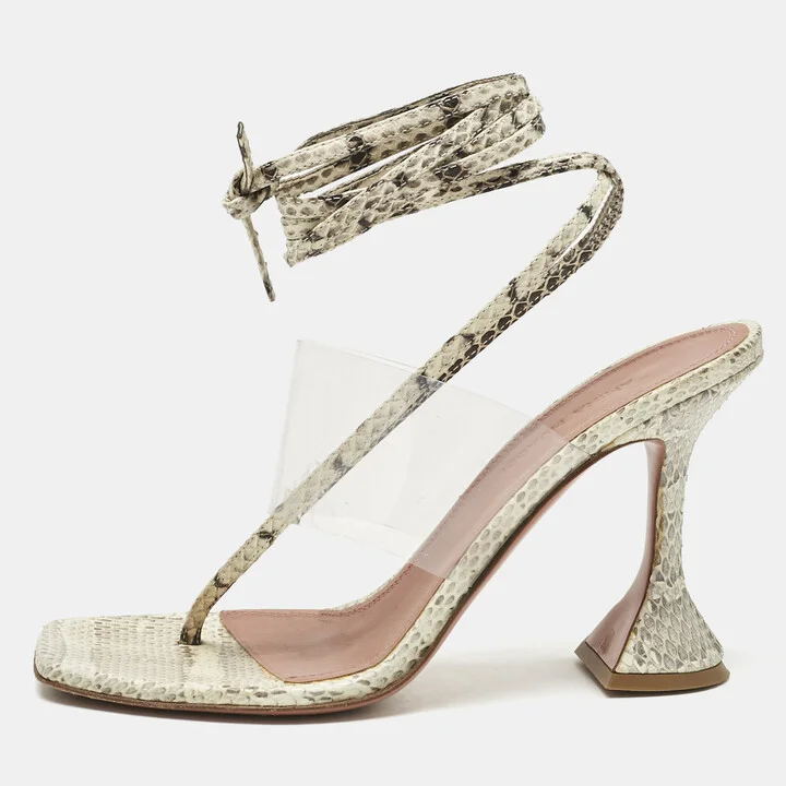Amina Muaddi Cream/Beige Water Snakes and PVC Zula Sandals Size 37.5