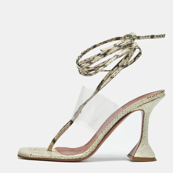 Amina Muaddi Cream/Beige Water Snakes and PVC Zula Sandals Size 38.5