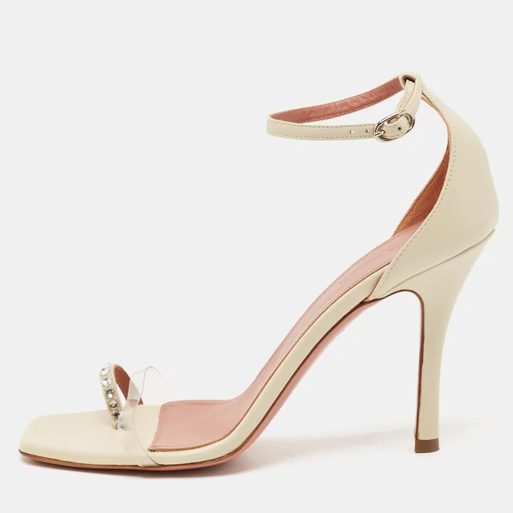 Amina Muaddi Cream Leather Daisy Ankle Strap Sandals Size 39.5