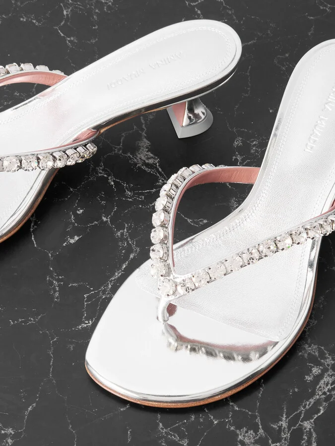 Amina Muaddi - Gigi Crystal-embellished Metallic Leather Sandals - Silver - Image 4