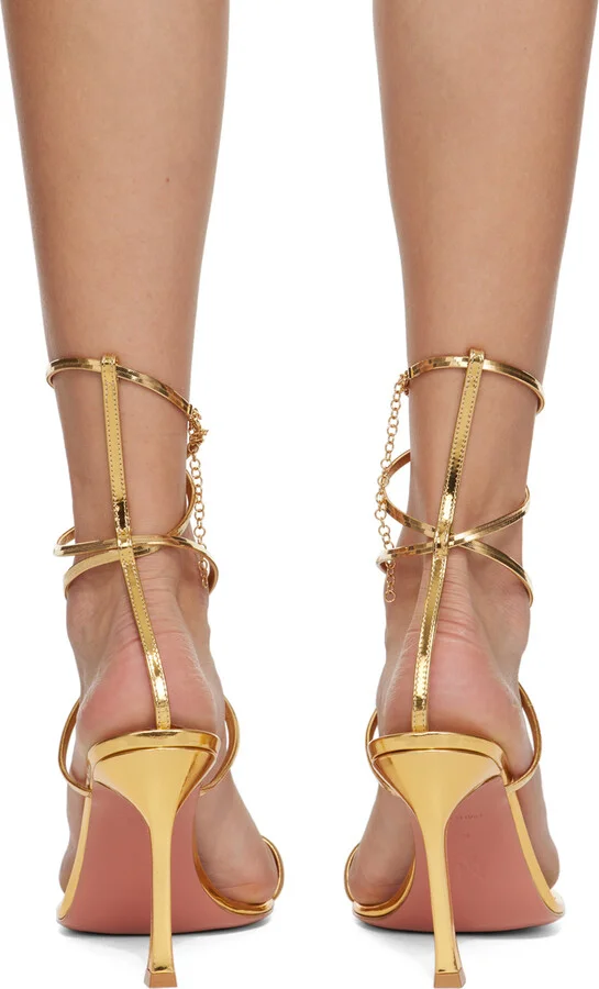 Amina Muaddi Gold Henson Thong Lace Up Heeled Sandals - Image 2