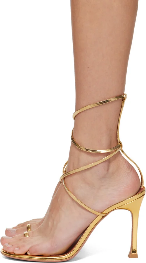 Amina Muaddi Gold Henson Thong Lace Up Heeled Sandals - Image 3