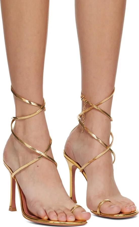 Amina Muaddi Gold Henson Thong Lace Up Heeled Sandals - Image 4