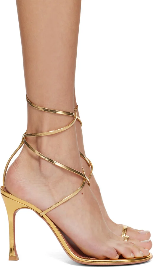Amina Muaddi Gold Henson Thong Lace Up Heeled Sandals