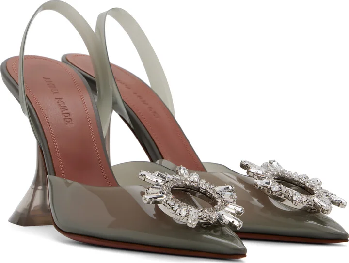 Amina Muaddi Gray Begum Glass Sling Heels - Image 4