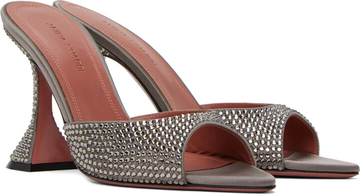 Amina Muaddi Gray Caroline Crystal Heeled Sandals - Image 4