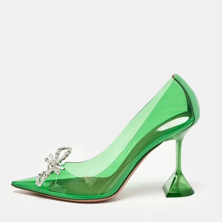 Amina Muaddi Green Leather and PVC Rosie Pumps Size 38.5