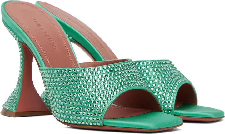 Amina Muaddi Green Lupita Crystal Heeled Sandals - Image 4