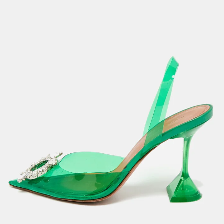 Amina Muaddi Green PVC Begum Crystal-Embellished Slingback Pumps Size 38.5