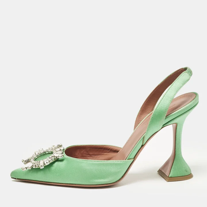 Amina Muaddi Green Satin Begum Slingback Pumps Size 38