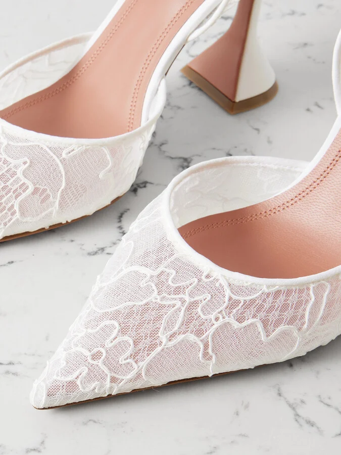 Amina Muaddi - Holli Lace And Leather Slingback Pumps - Ivory - Image 4