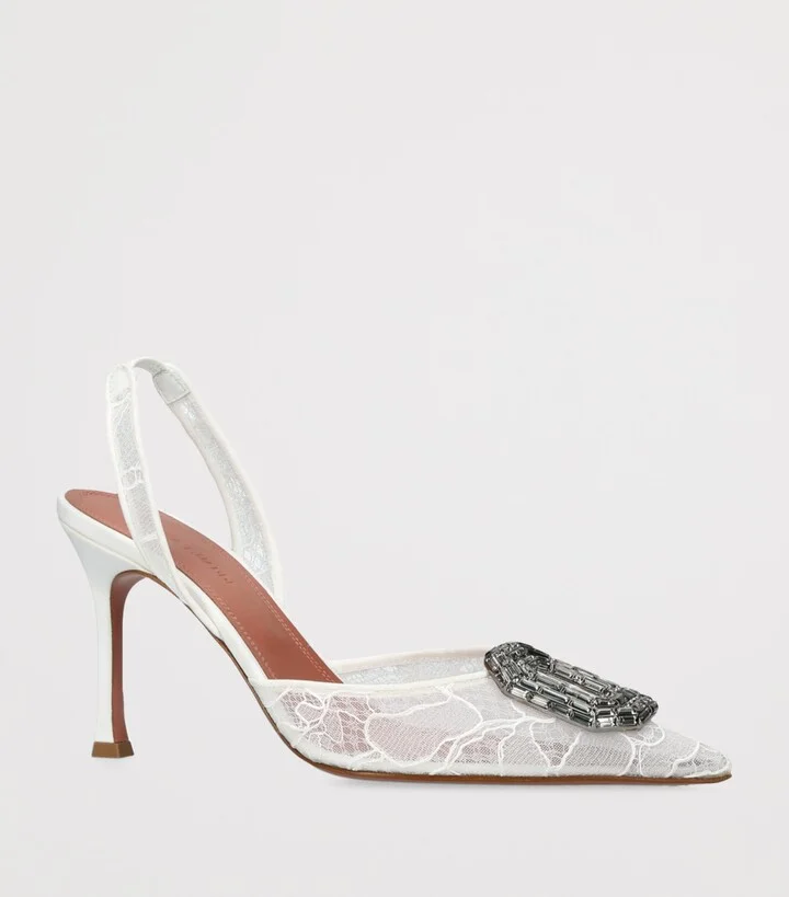 Amina Muaddi Lace Camelia Slingback Pumps 90 - Image 3