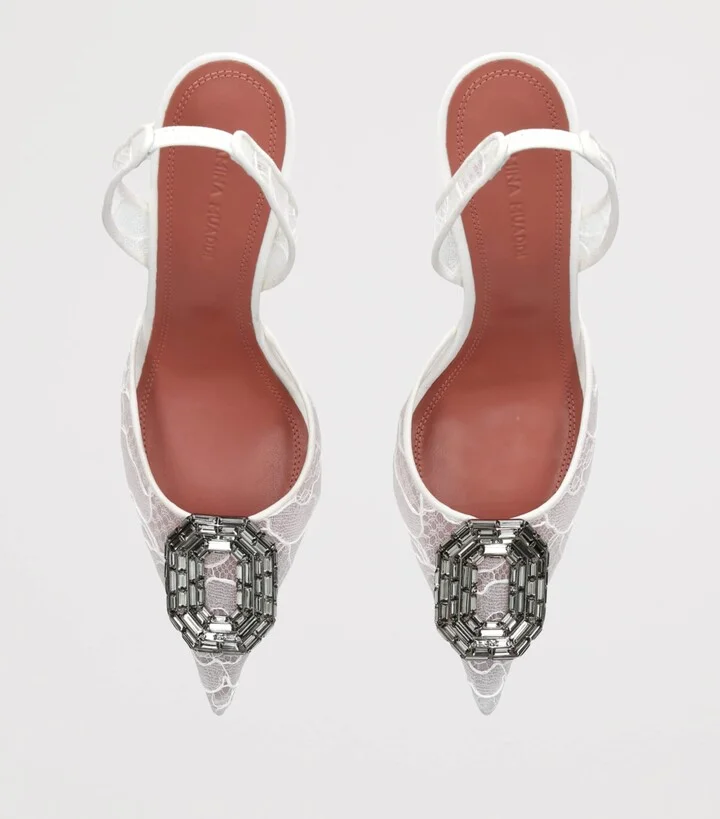 Amina Muaddi Lace Camelia Slingback Pumps 90 - Image 4