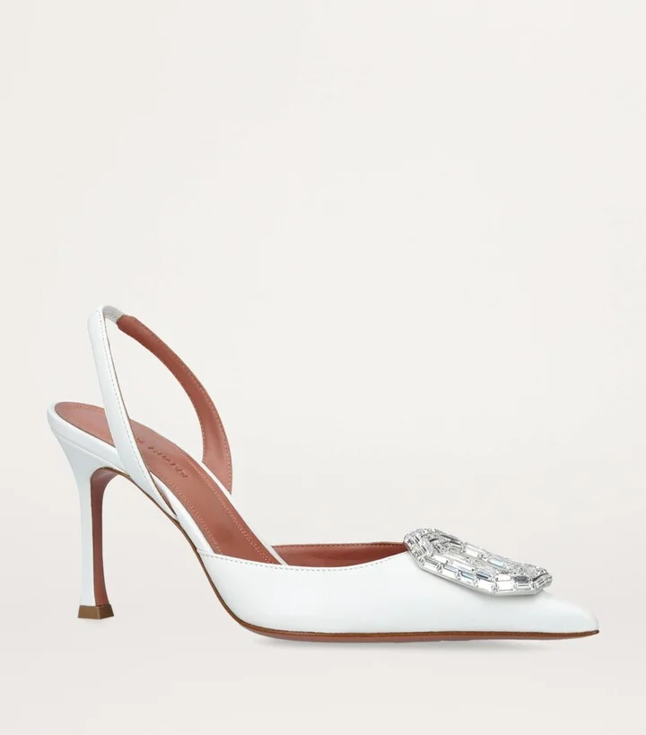 Amina Muaddi Leather Camelia Slingback Pumps 90 - Image 3