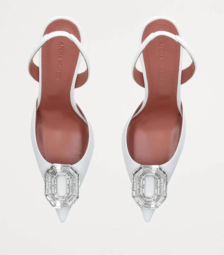 Amina Muaddi Leather Camelia Slingback Pumps 90 - Image 4