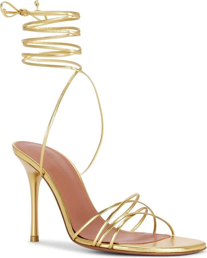 AMINA MUADDI Lori Lace Up 95 Nappa Sandal in Metallic Gold - Image 2