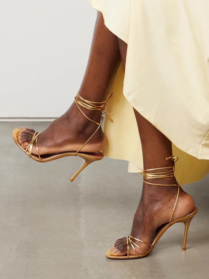 Amina Muaddi - Lori Metallic Leather Sandals - Gold - Image 2