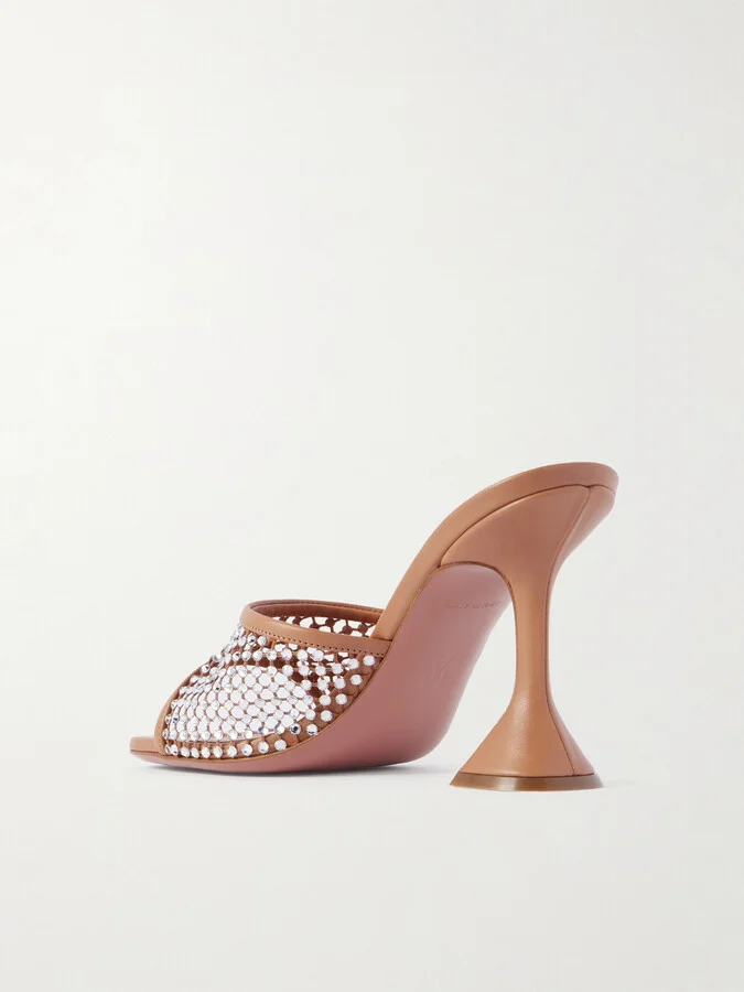 Amina Muaddi - Lupita Crystal-embellished Fishnet And Leather Mules - Neutrals - Image 3