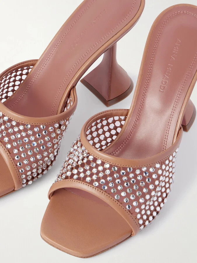 Amina Muaddi - Lupita Crystal-embellished Fishnet And Leather Mules - Neutrals - Image 4